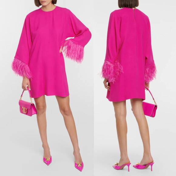 NWT Valentino Cady Mini Dress Hot Pink Silk Cape Long Sleeves Feather Trim